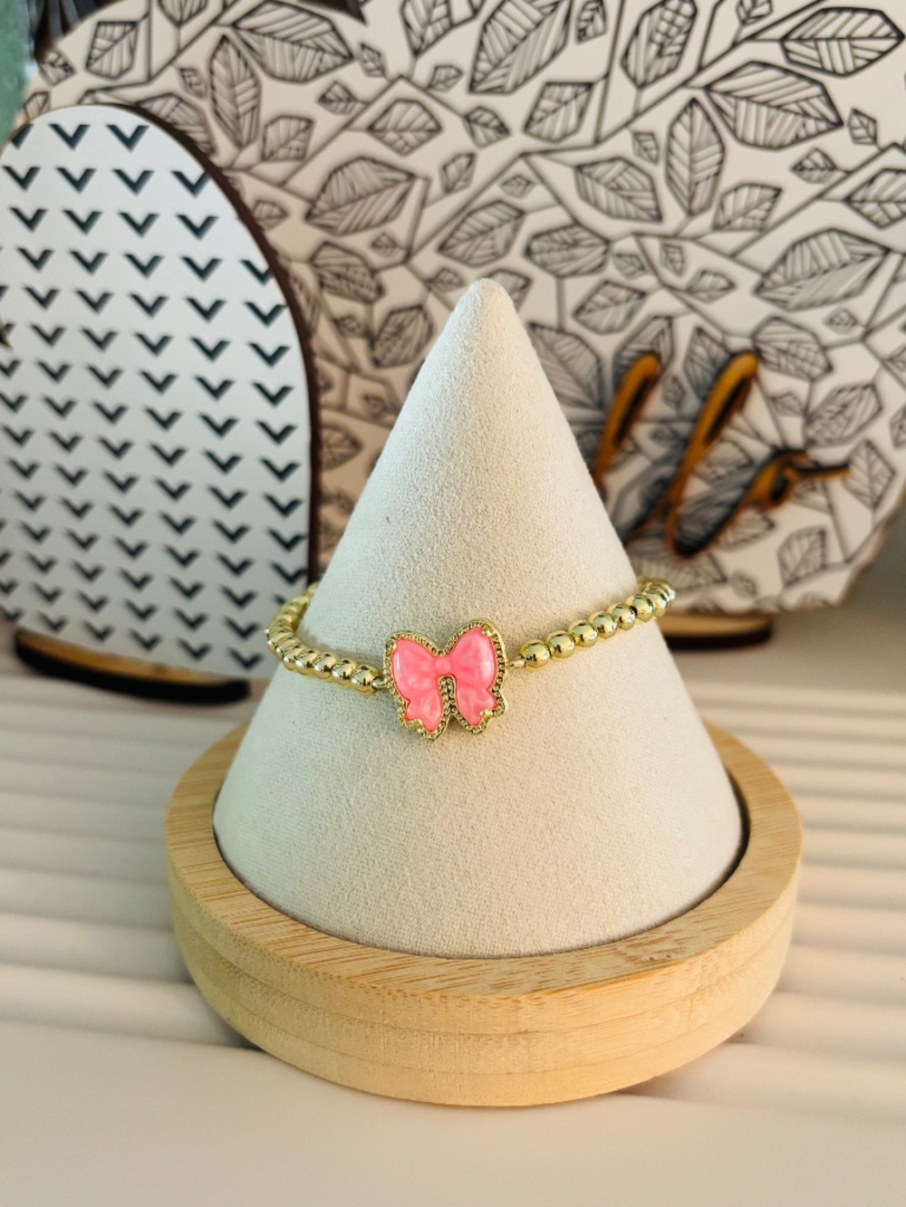Pink Bow on Gold Beaded Bracelet